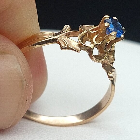 Antique 10K Gold Victorian Blue Spinel Ring Art Nouveau Floral 6-Prong Solitaire - Picture 11 of 12